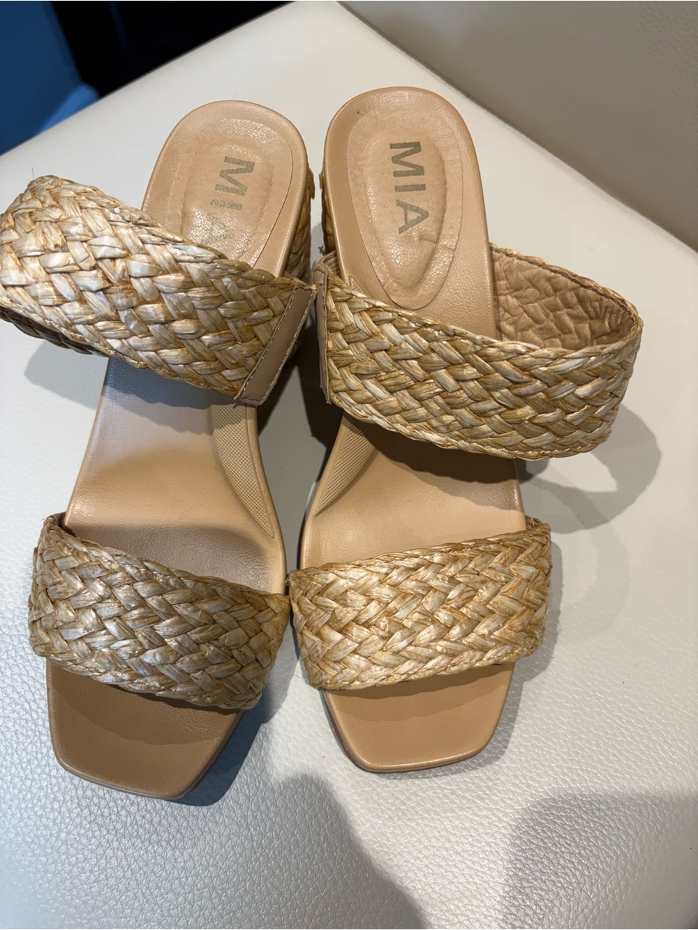 MIA Woven Natural-Tan Double Band Slide Mules